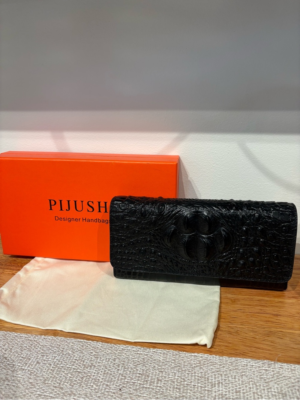 Pijushi Black Croc Embossed Snap Wallet New with Box